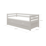FLEXA single bed with pull-out guest bed, grey, visible storage and safety rail; shown in a child’s bedroom.