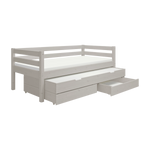 FLEXA single bed in grey with pull-out guest bed, storage drawers, safety rail; Scandinavian style for children’s room.
