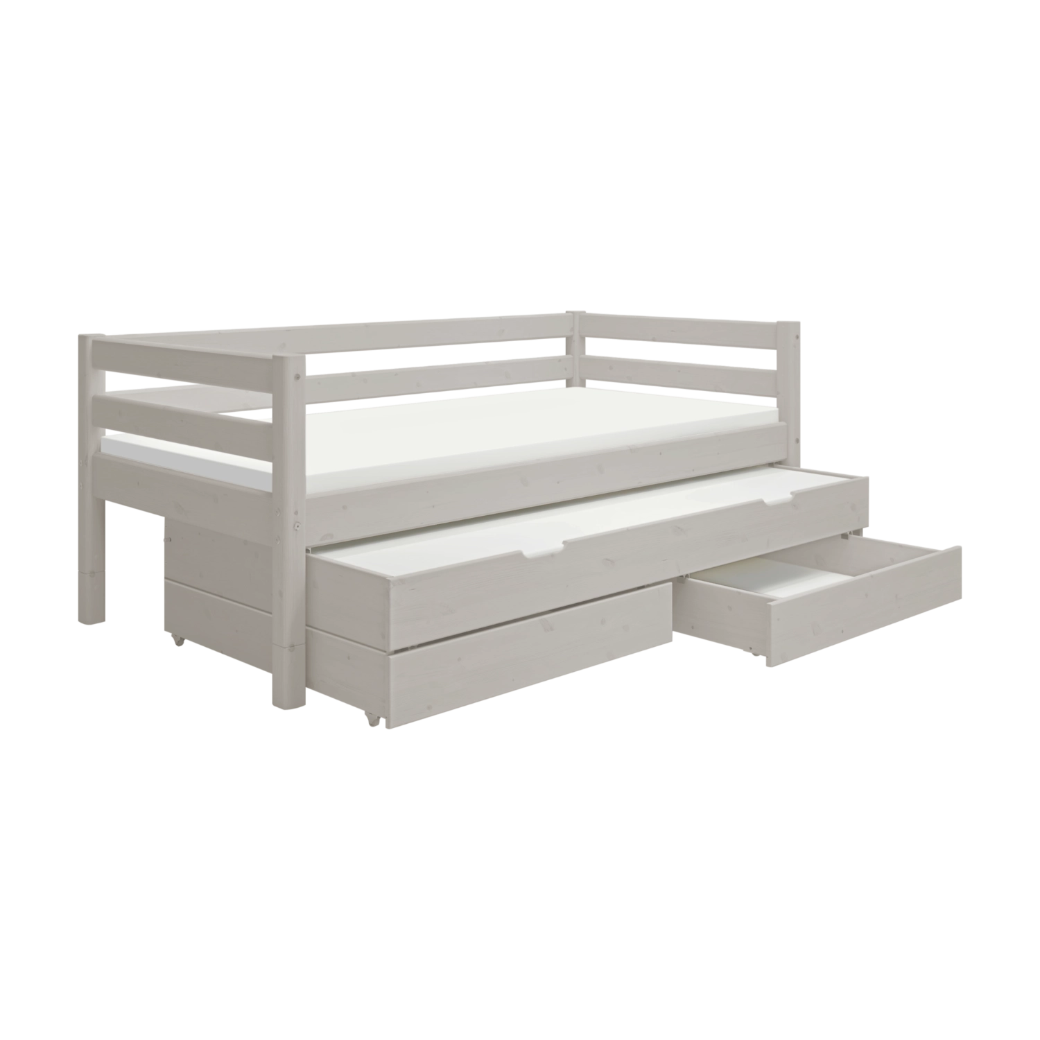 FLEXA single bed in grey with pull-out guest bed, storage drawers, safety rail; Scandinavian style for children’s room.