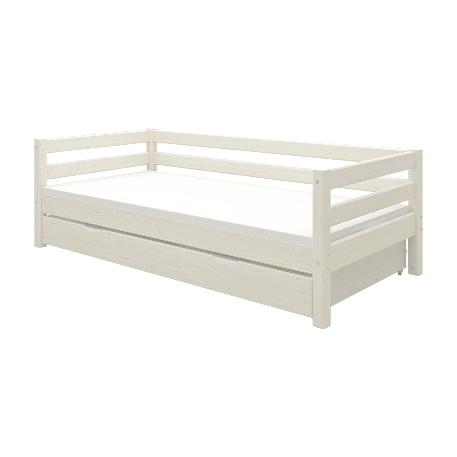 FLEXA-seng fra WHITE-kollektionen, enkeltseng 90 x 200 cm med synlig udtræksseng, børnesikre kanter, til børneværelset.