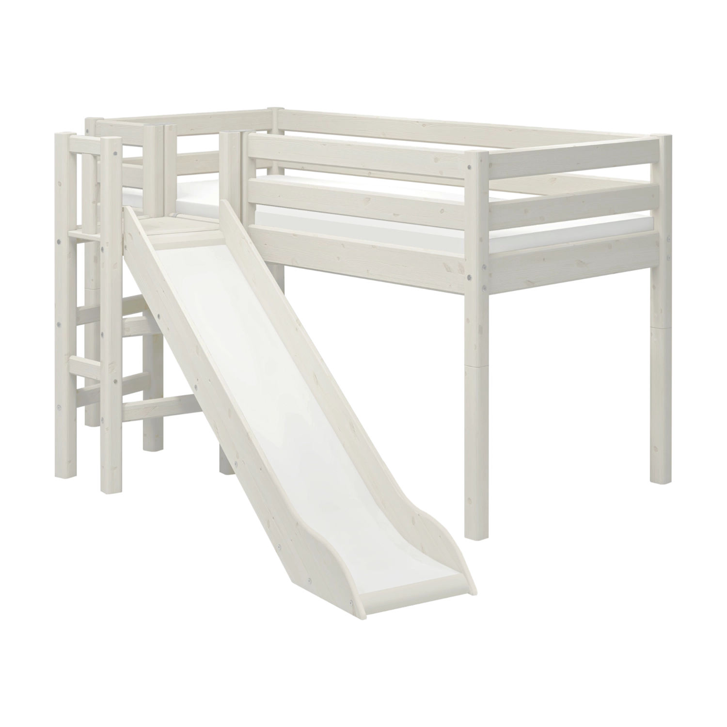 FLEXA WHITE loft bed with slide, safety rail, left ladder; child-safe design in kids’ room from CLASSIC collection.