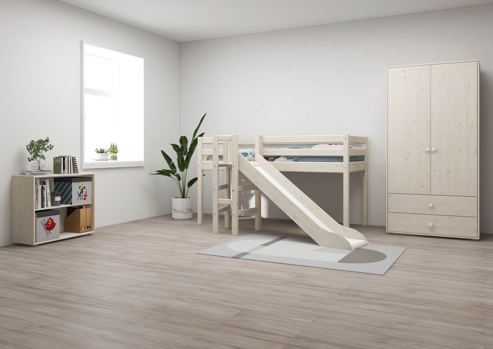 FLEXA high bed with slide and safety rail, white finish, in a child’s room with wardrobe and bookshelf on wood flooring.