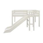 FLEXA white high bed with slide and safety rail, 90x200 cm, modern child-safe design, shown on a plain background.