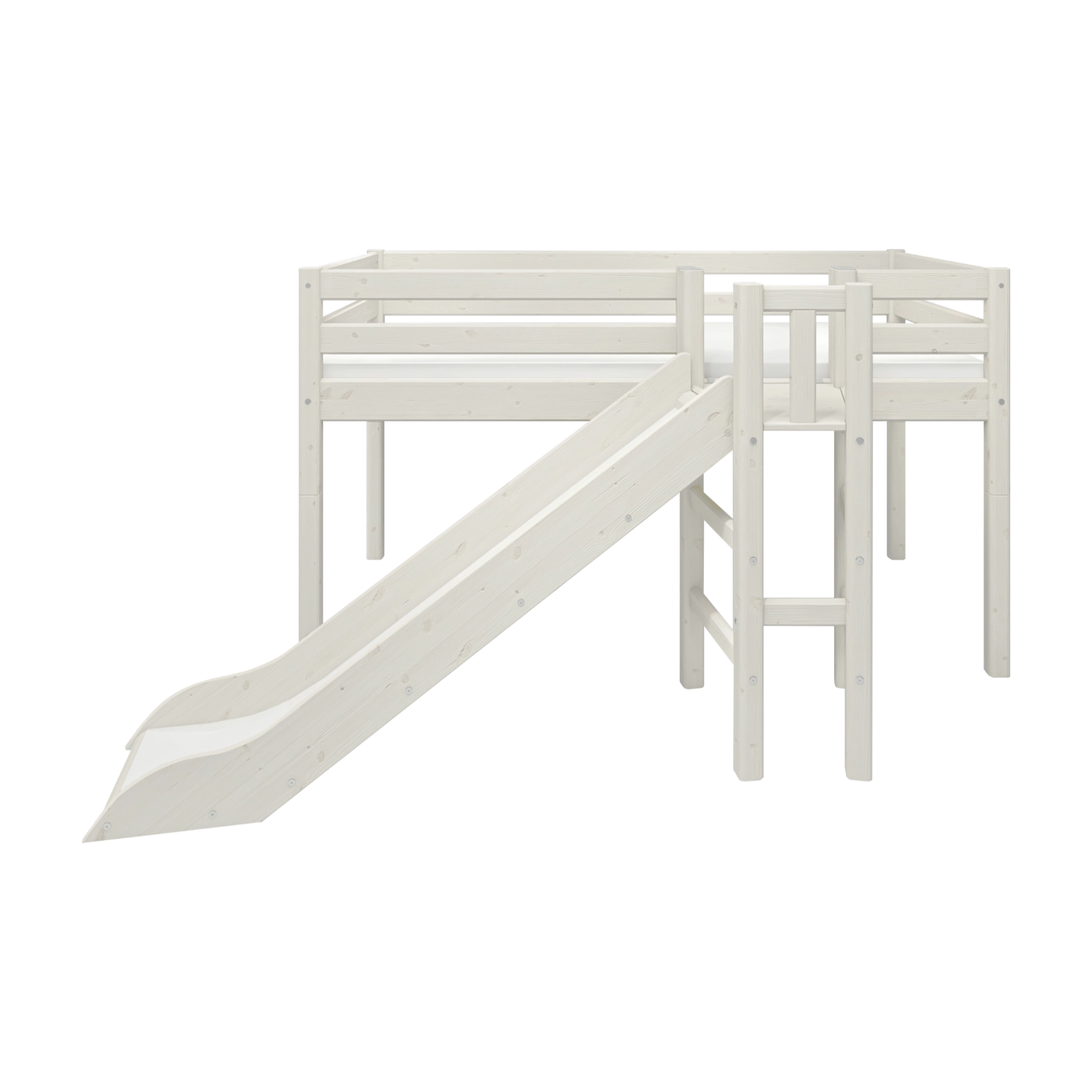FLEXA white high bed with slide and safety rail, 90x200 cm, modern child-safe design, shown on a plain background.