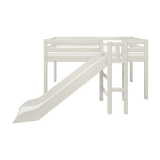 FLEXA white high bed with slide and safety rail, 90x200 cm, modern child-safe design, shown on a plain background.