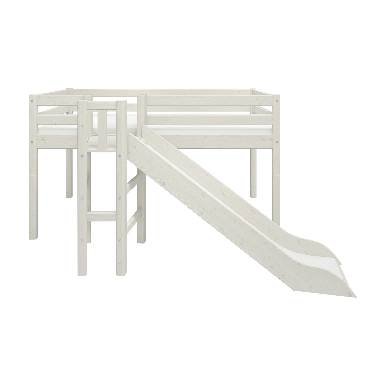 FLEXA loft bed from WHITE collection in solid pine with dividing safety rail, ladder and slide, shown in child’s bedroom.
