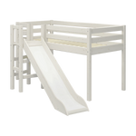 FLEXA high bed from CLASSIC range in white, 90x200 cm, with slide and safety rail, shown in a child’s bedroom.