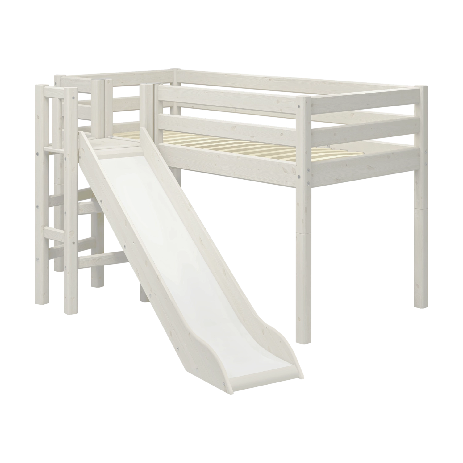 FLEXA high bed from CLASSIC range in white, 90x200 cm, with slide and safety rail, shown in a child’s bedroom.
