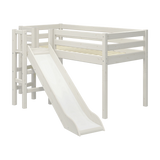 FLEXA high bed from CLASSIC range in white, 90x200 cm, with slide and safety rail, shown in a child’s bedroom.