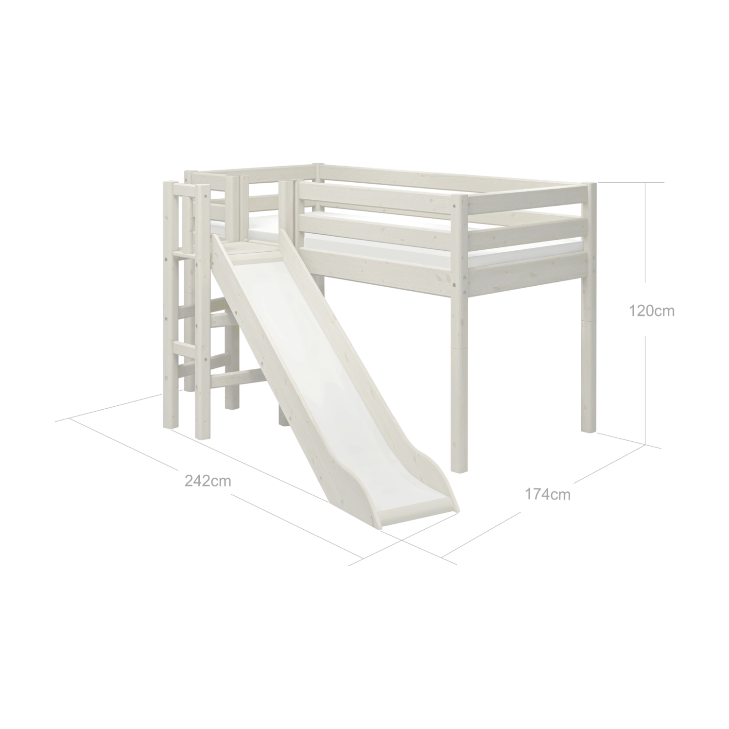 FLEXA WHITE high bed from the CLASSIC collection with slide, ladder, and visible safety rail in a child’s bedroom.
