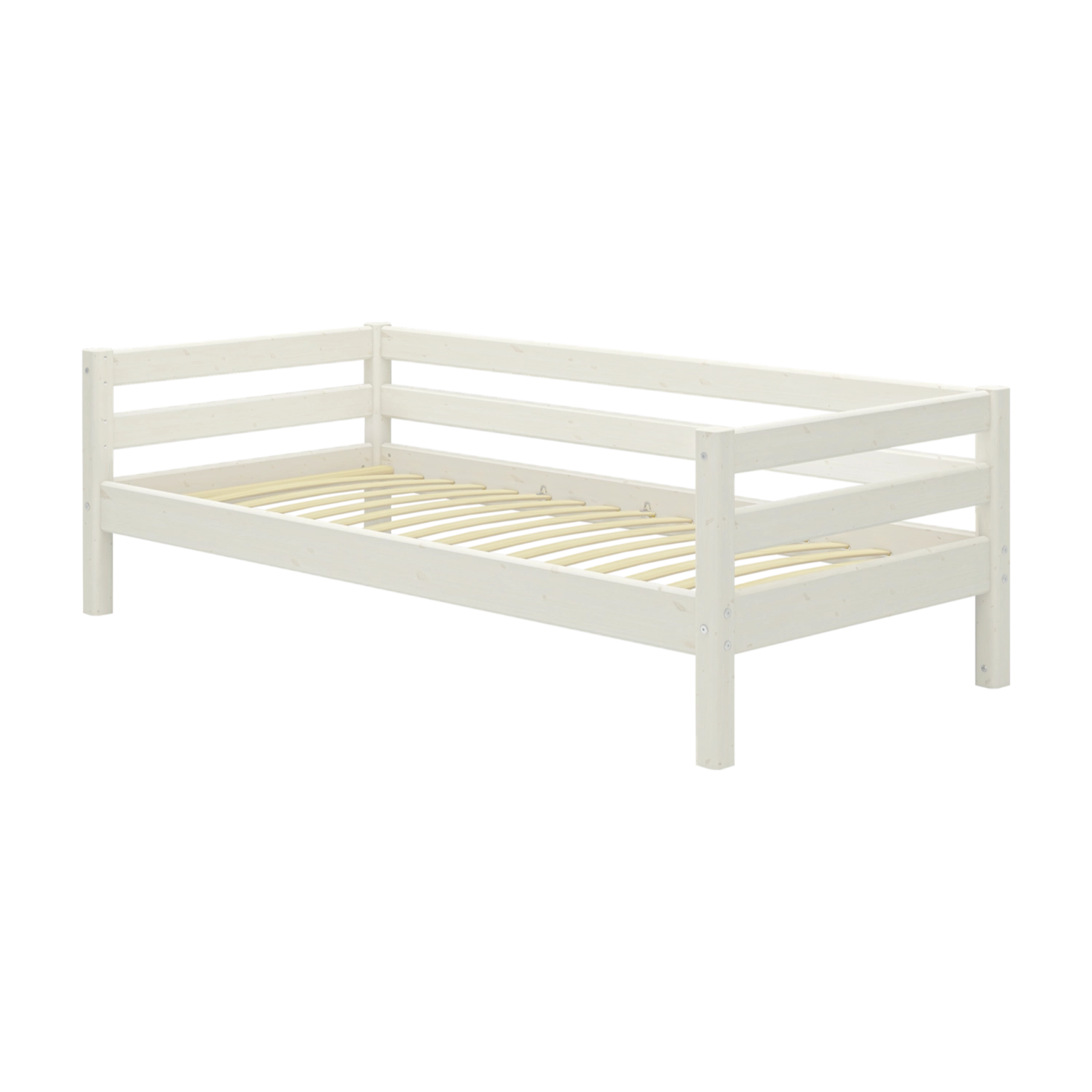 FLEXA white single bed, CLASSIC collection, with three side rails and slats; child-safe for kids’ bedrooms.
