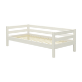 FLEXA white single bed, CLASSIC collection, with three side rails and slats; child-safe for kids’ bedrooms.