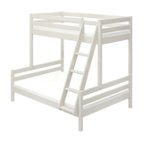 FLEXA FAMILY white bunk bed, ladder, safety rail, child-safe design, fits 90/140x200 cm mattresses in a child’s bedroom.