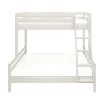 FLEXA FAMILY white bunk bed with ladder and safety rail, wooden frame, shown in a children’s bedroom.