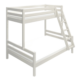 FLEXA FAMILY white bunk bed with slanted ladder and safety rail, shown in kids’ room, child-safe design visible.