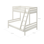 FLEXA FAMILY white pinewood bunk bed with ladder and safety rail, shown in a child’s bedroom, Scandinavian style.
