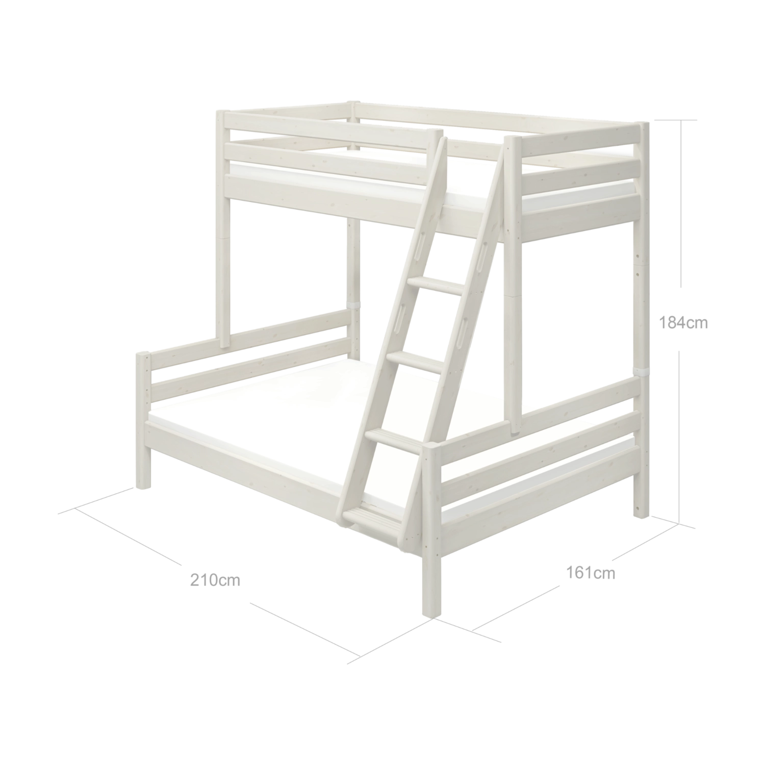 FLEXA FAMILY white pinewood bunk bed with ladder and safety rail, shown in a child’s bedroom, Scandinavian style.