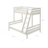 FLEXA FAMILY white pinewood bunk bed with ladder and safety rail, shown in a child’s bedroom, Scandinavian style.