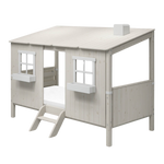 FLEXA WHITE house frame for single and midsleeper beds with two windows, ladder, and sloped roof, shown in a child’s bedroom.