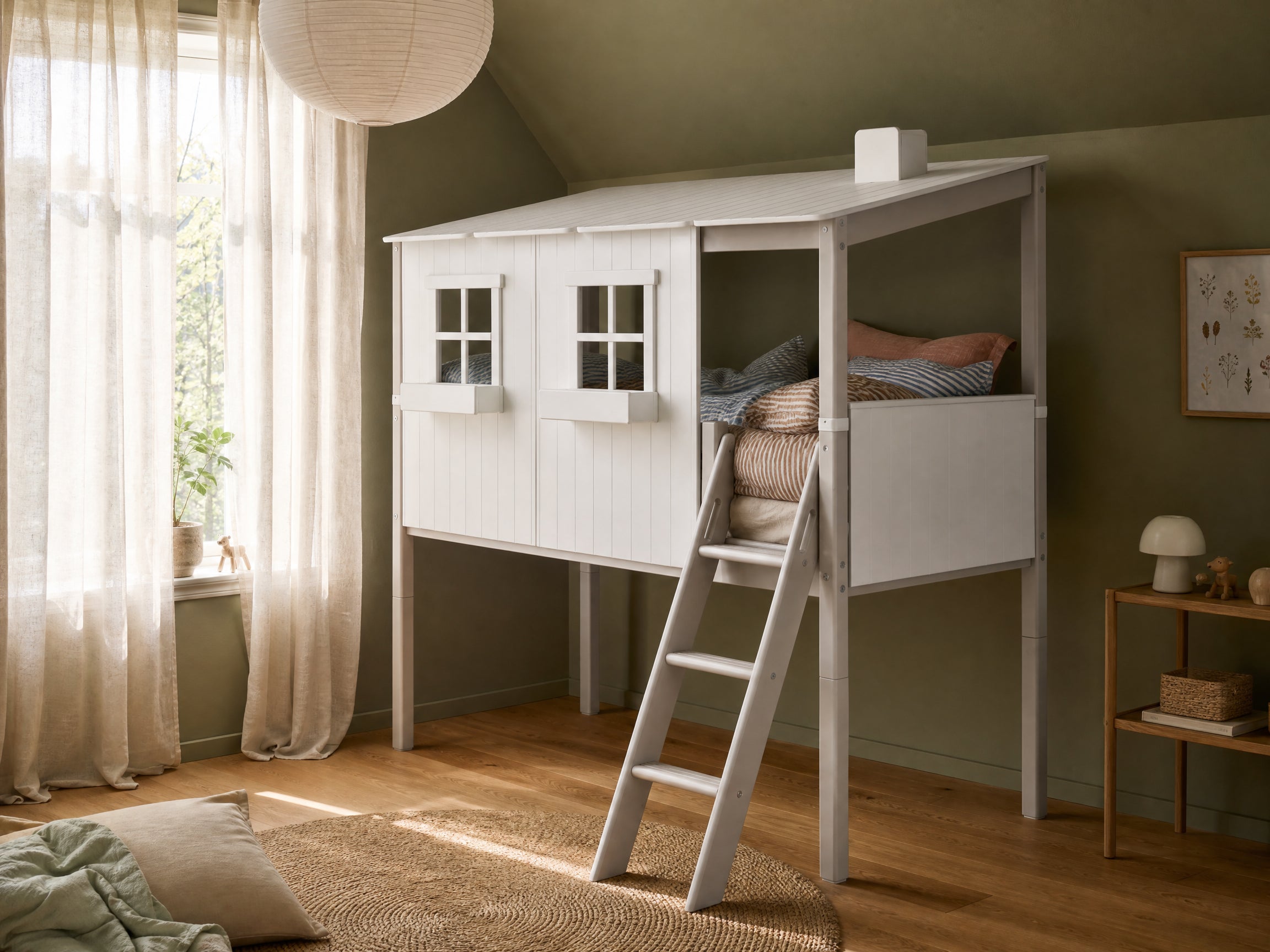 FLEXA MID-HIGH-seng med sengestel og stige i hvid/grå, børnesikret design, i et grønt værelse med trægulv.