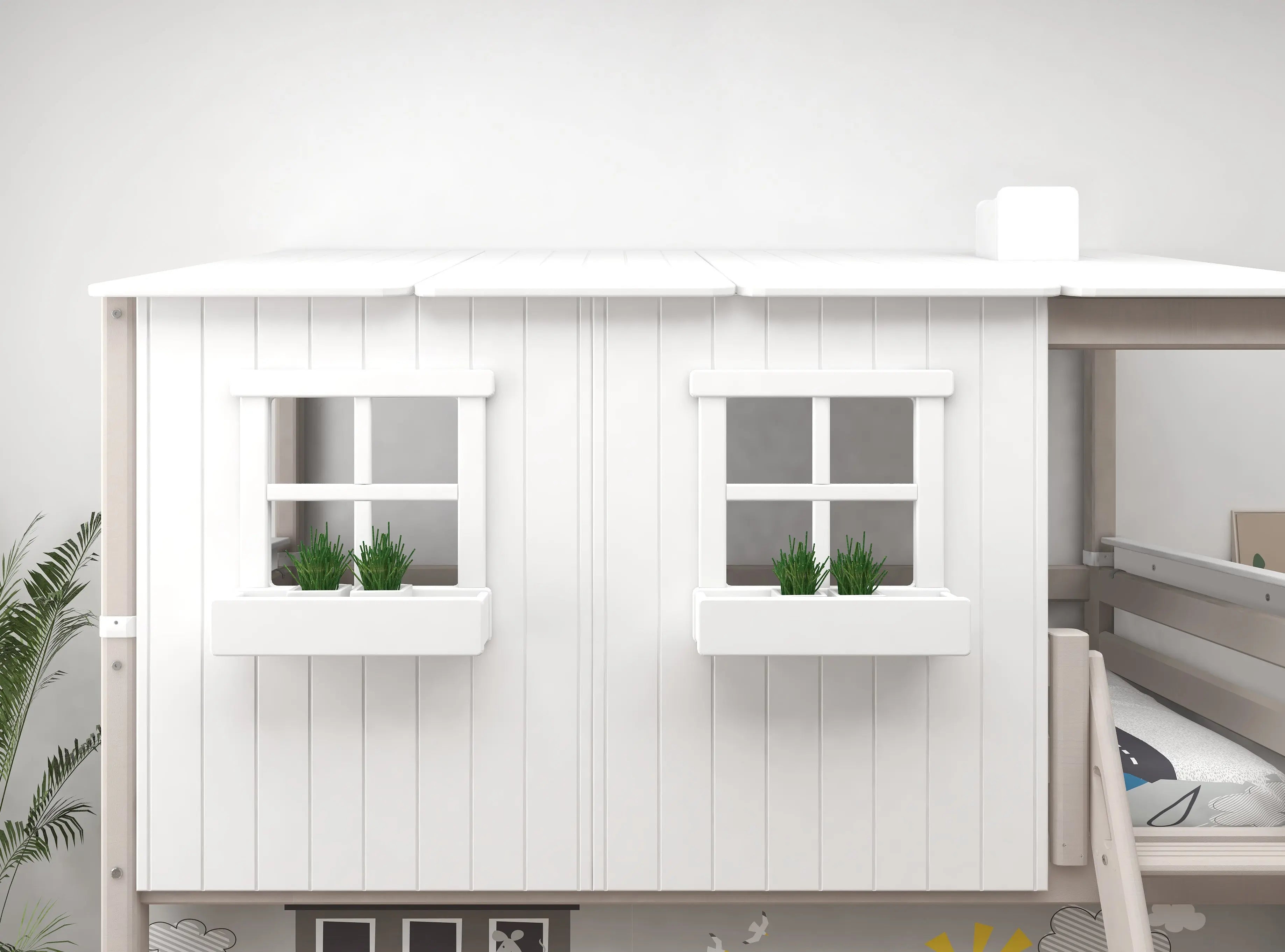 Mid-High Bed with House and Ladder, 90x200 cm, White/Grey MID_HIGH-BED mid-high-bed-w-classic-house-grey-washed-white  flexa-com.myshopify.com