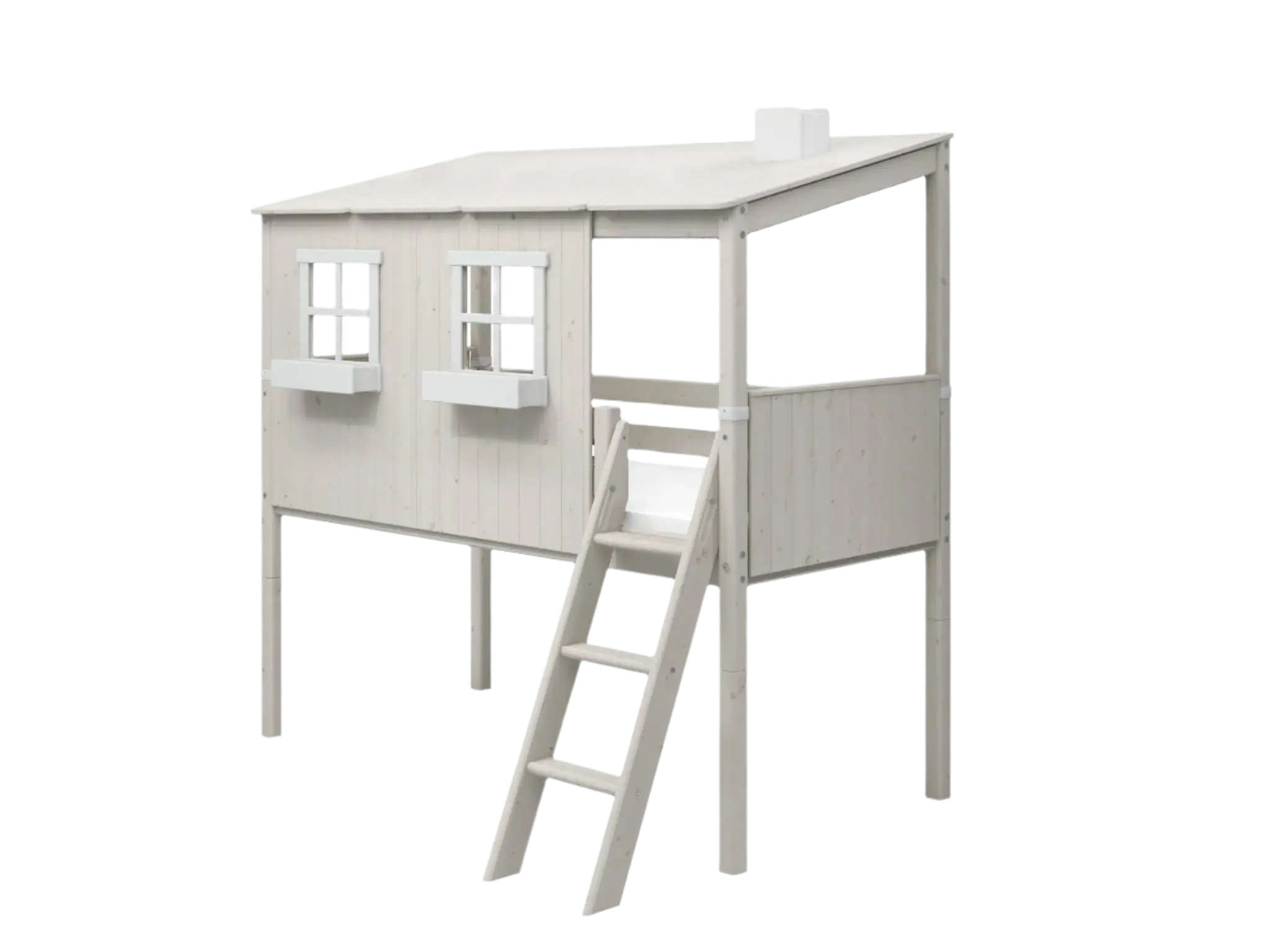 Mid-High Bed with House, Ladder and Safety Rail, 90x200 cm, White MID_HIGH-BED mid-high-bed-w-classic-house-white-washed-white-washed-white  flexa-com.myshopify.com