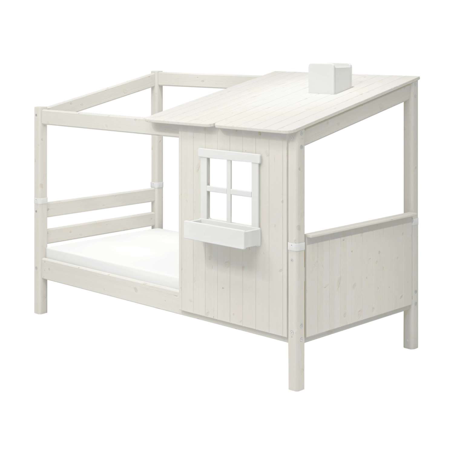 FLEXA WHITE single bed from the HOUSE collection with a ladder, slanted roof, window, and child-safe edges in a kids’ room.