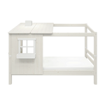 FLEXA white single bed from HOUSE collection with ladder, roof and window, shown in a children’s room; child-safe design.