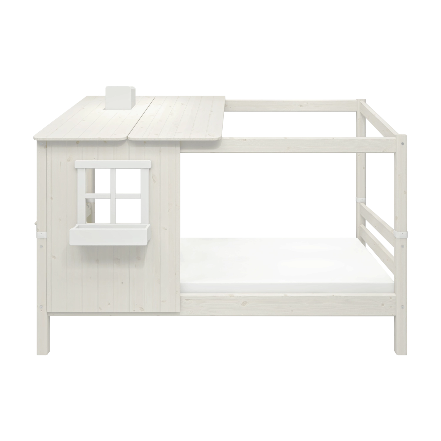 FLEXA white single bed from HOUSE collection with ladder, roof and window, shown in a children’s room; child-safe design.