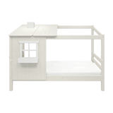 FLEXA white single bed from HOUSE collection with ladder, roof and window, shown in a children’s room; child-safe design.