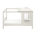FLEXA playhouse-style single bed from WHITE collection, white wood with ladder, child-safe, shown in a kid’s room.