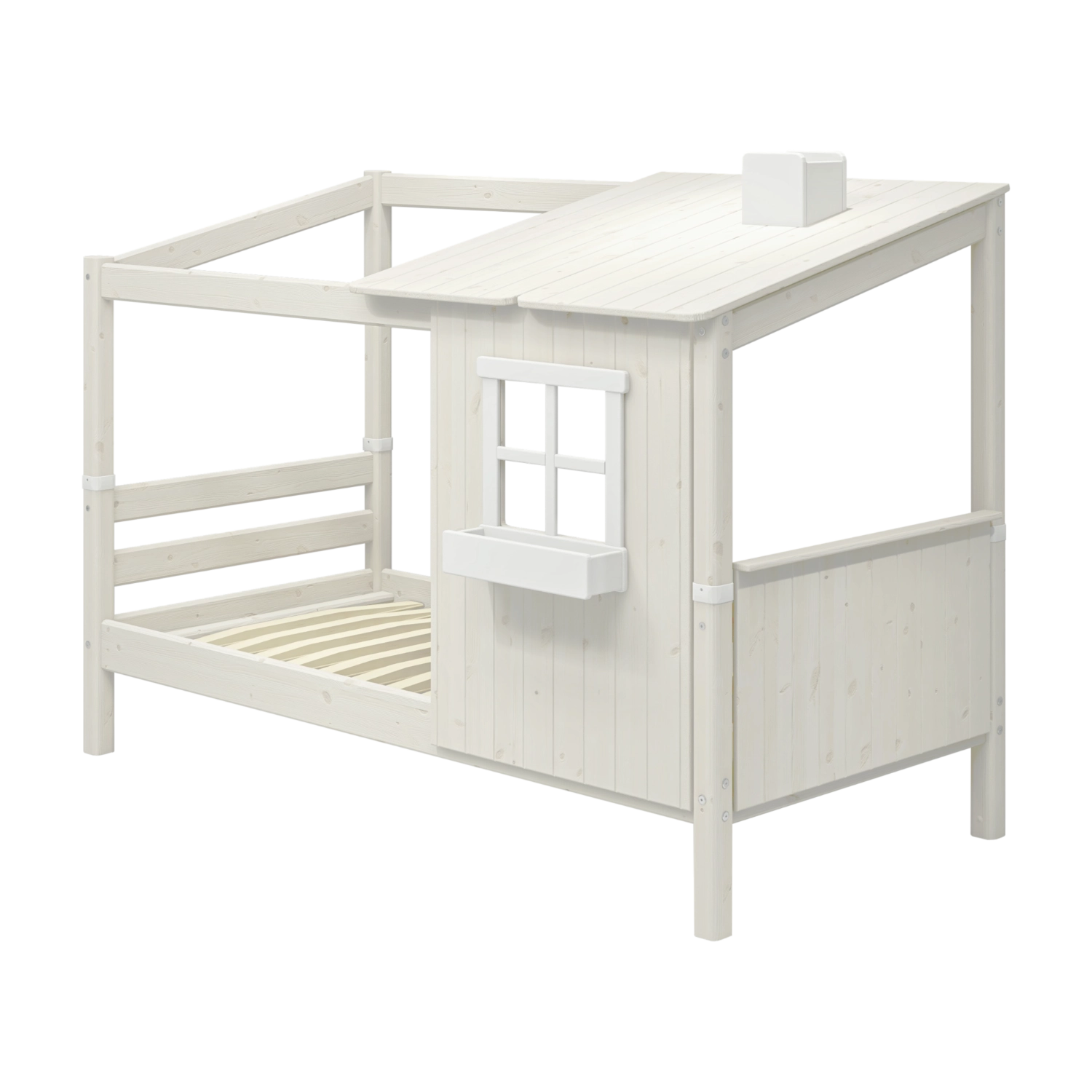 FLEXA WHITE single bed, 1/2 house design with ladder, slatted base and window, child-safe details, in kid’s room.