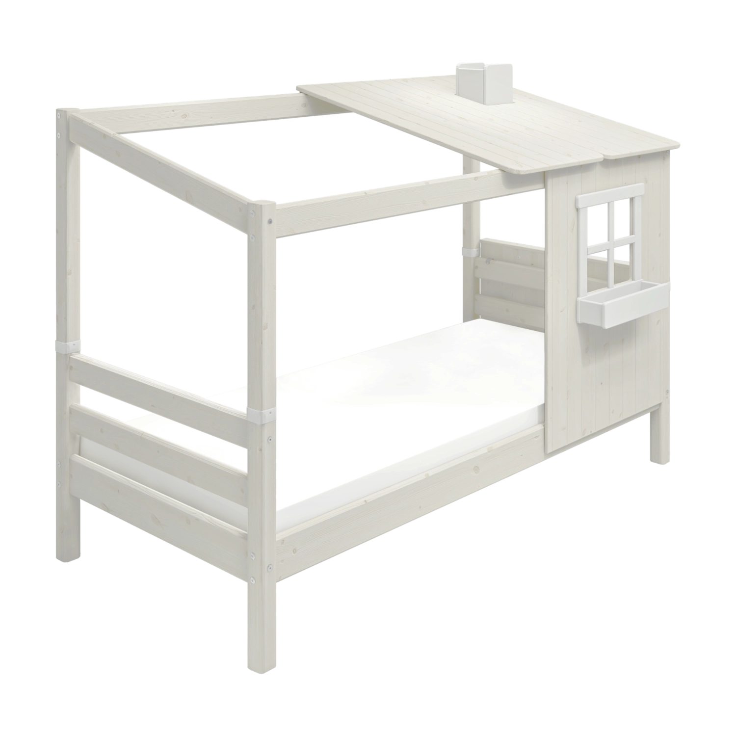FLEXA Classic white single bed with ladder, half-house frame and window, child-safe; shown in a kids’ bedroom.