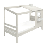 FLEXA Classic white single bed with ladder, half-house frame and window, child-safe; shown in a kids’ bedroom.