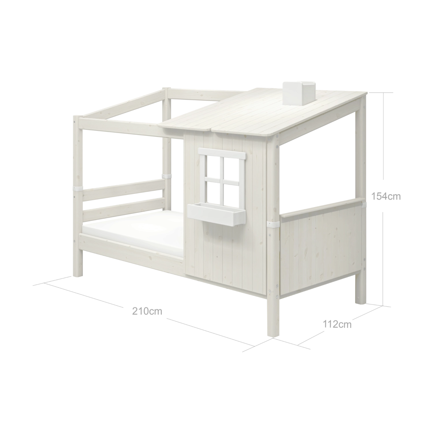 FLEXA kids’ single bed from WHITE collection with half house frame, ladder, window detail and roof in a child’s bedroom.