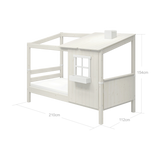 FLEXA kids’ single bed from WHITE collection with half house frame, ladder, window detail and roof in a child’s bedroom.