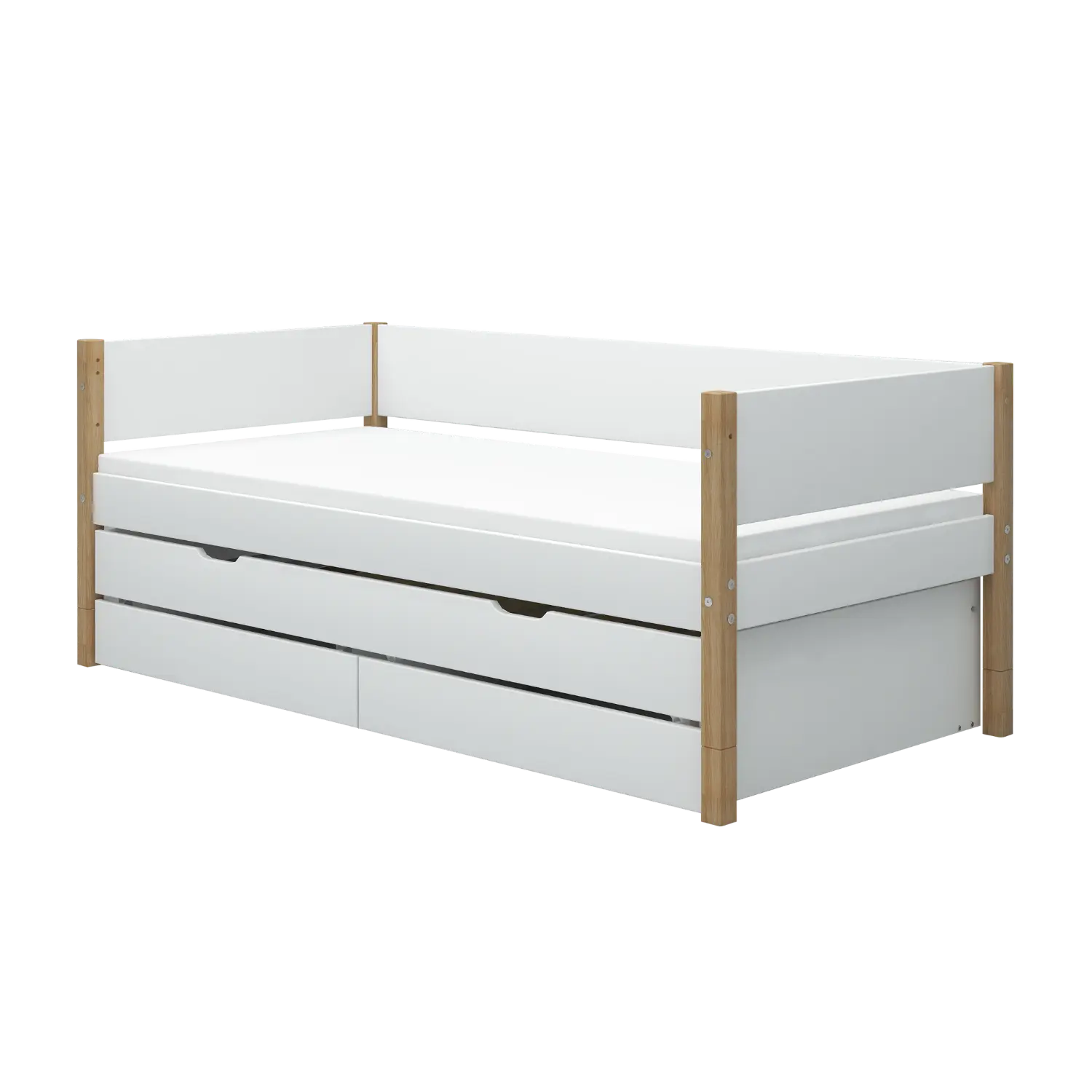 Single Bed with Storage and Pull-out Bed, 90x200 cm, White/Oak SINGLE_BED daybed-with-guest-bed-and-2-drawers-white-oak-1  flexa-com.myshopify.com