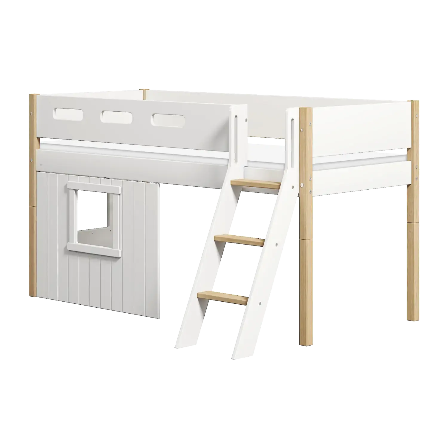 High Bed 120 cm with Treehouse, Ladder and Safety Rail, 90x200 cm, White/Oak MID_HIGH-BED mid-high-bed-sl-ladder-treehouse-bed-fronts-white-frame-white-oak  flexa-com.myshopify.com