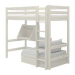 FLEXA bed from WHITE collection with sofa, desk, ladder and safety rail in a teen room; child-safe design visible.