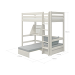 FLEXA high bed from CLASSIC collection in white, with ladder, desk, sofa, and safety rail shown in a child’s bedroom.
