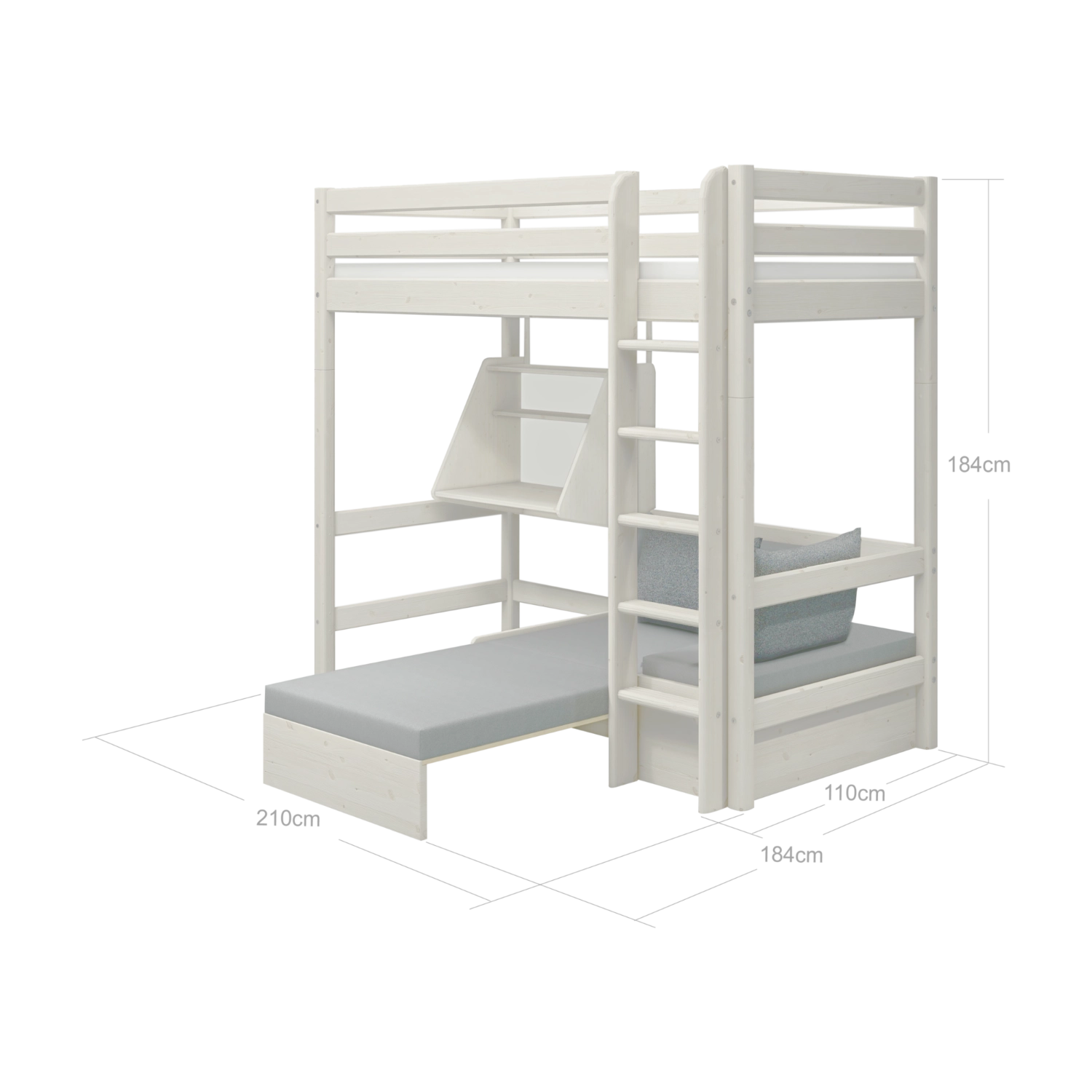 FLEXA high bed from CLASSIC collection in white, with ladder, desk, sofa, and safety rail shown in a child’s bedroom.