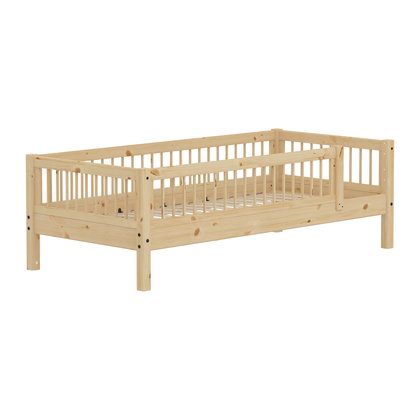 Single Bed with Safety Rails, 90x200 cm, Pine SINGLE_BED single-bed-with-scandinavian-safety-rail-3-4-front-back-raw  flexa-com.myshopify.com