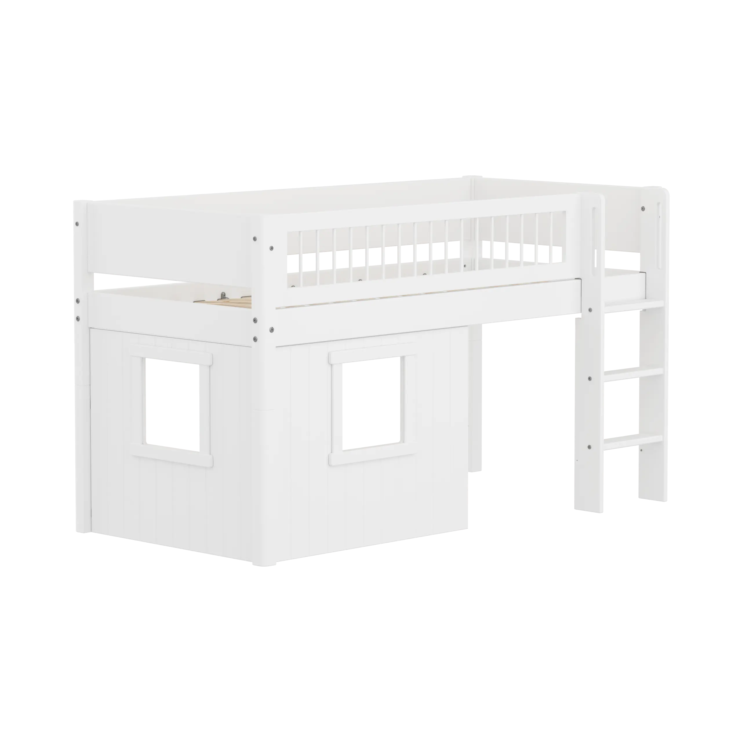High Bed 120 cm with Treehouse, 90x200 cm, White MID_HIGH-BED mid-sleeper-white-crossbar-str-ladder-tree-hut-wht-window  flexa-com.myshopify.com