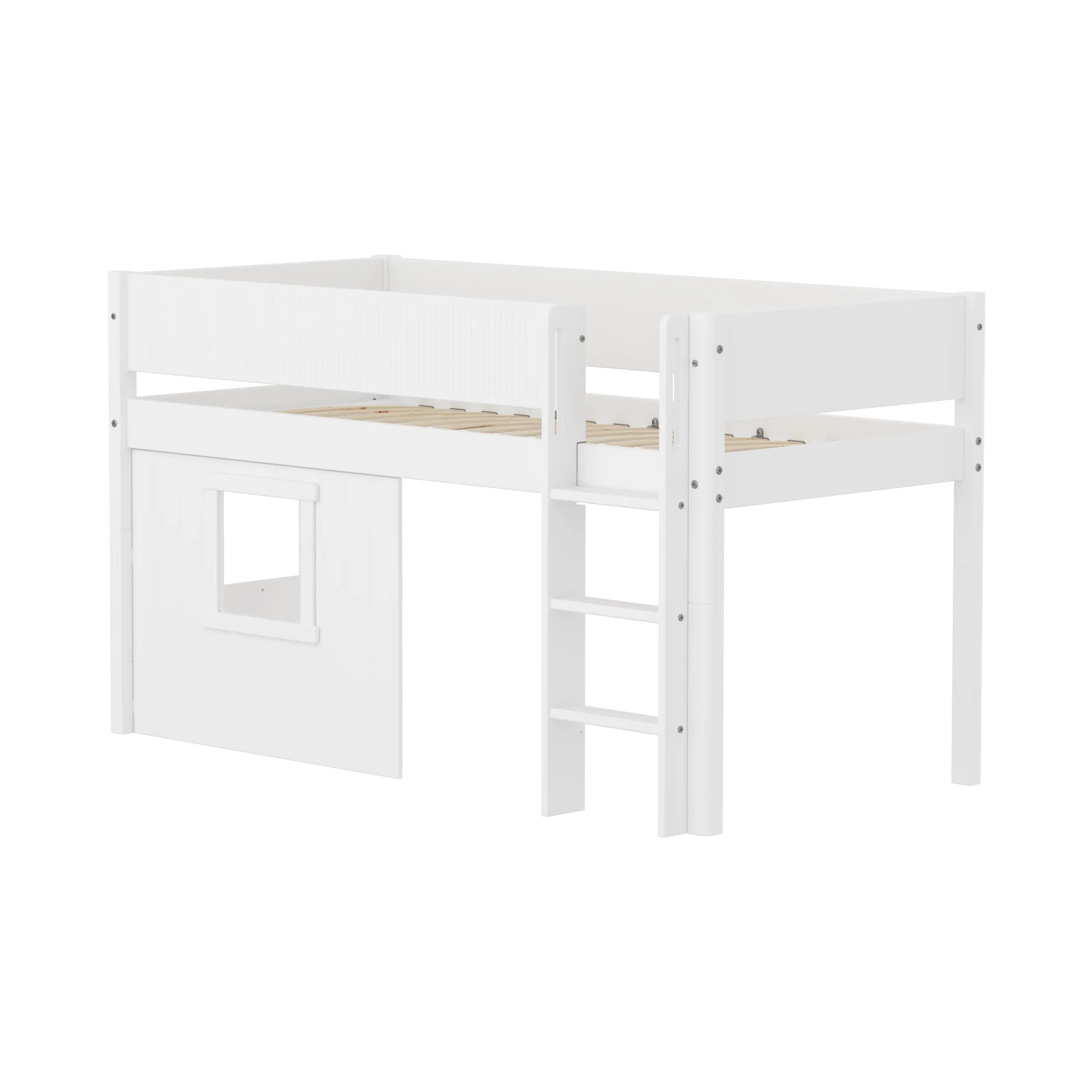 High Bed 120 cm with Treehouse, 90x200 cm, White MID_HIGH-BED mid-sleeper-white-grooves-str-ladder-tree-hut-wht-window  flexa-com.myshopify.com