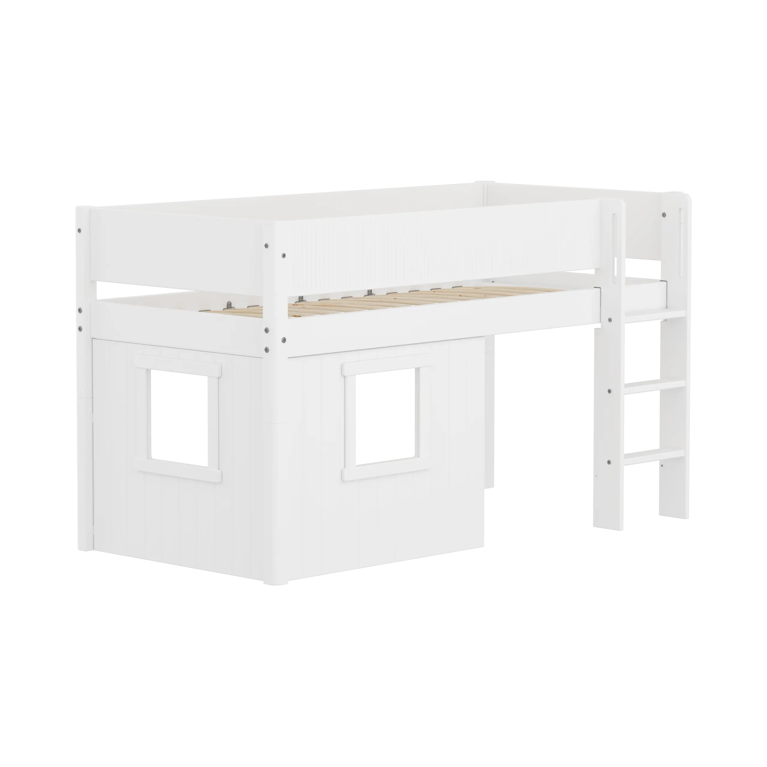 High Bed 120 cm with Treehouse, 90x200 cm, White MID_HIGH-BED mid-sleeper-white-grooves-str-ladder-tree-hut-wht-window  flexa-com.myshopify.com