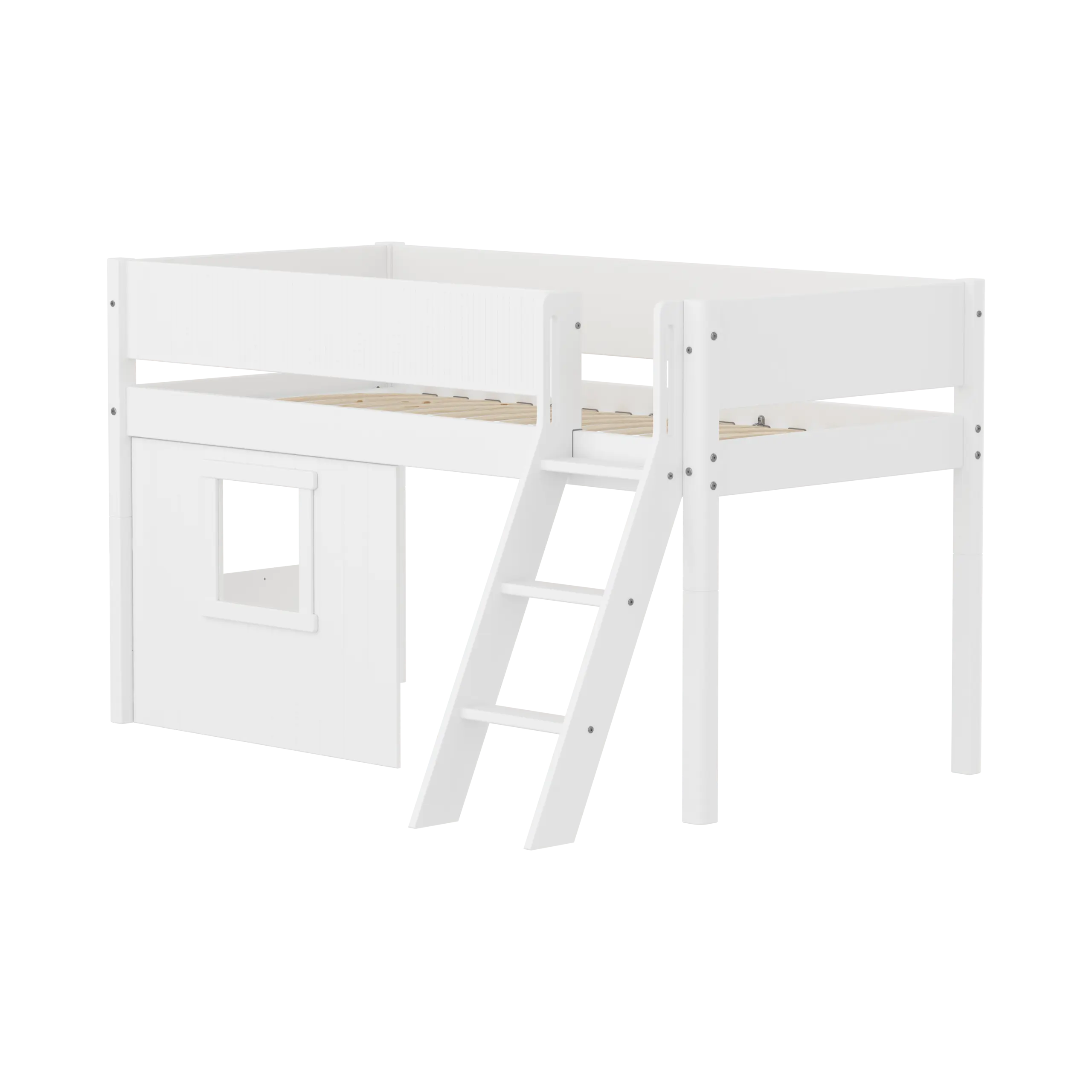 High Bed 120 cm with Treehouse, Ladder and Safety Rail, 90x200, White MID_HIGH-BED mid-sleeper-white-grooves-sl-ladder-tree-hut-wht-window  flexa-com.myshopify.com