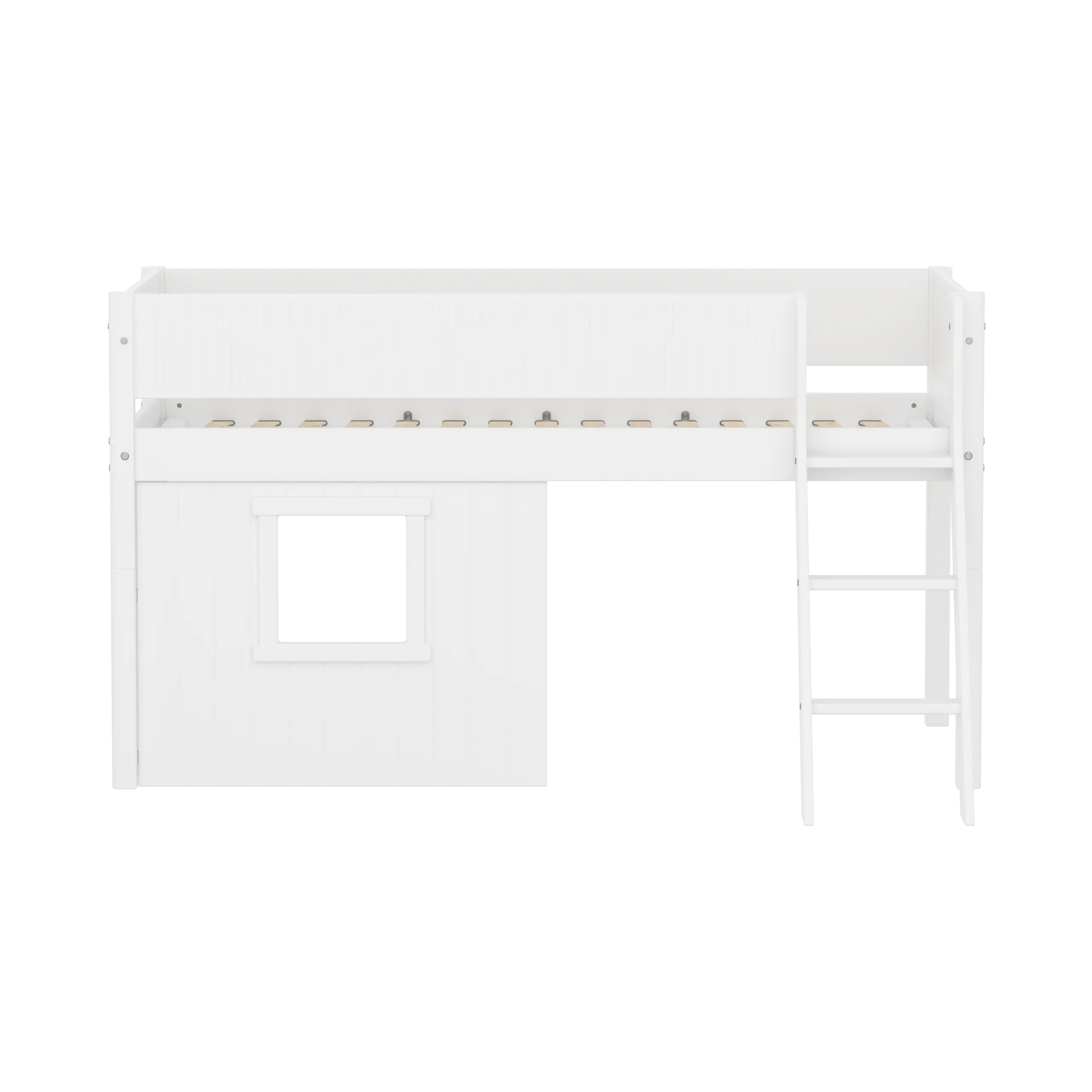 High Bed 120 cm with Treehouse, Ladder and Safety Rail, 90x200, White MID_HIGH-BED mid-sleeper-white-grooves-sl-ladder-tree-hut-wht-window  flexa-com.myshopify.com