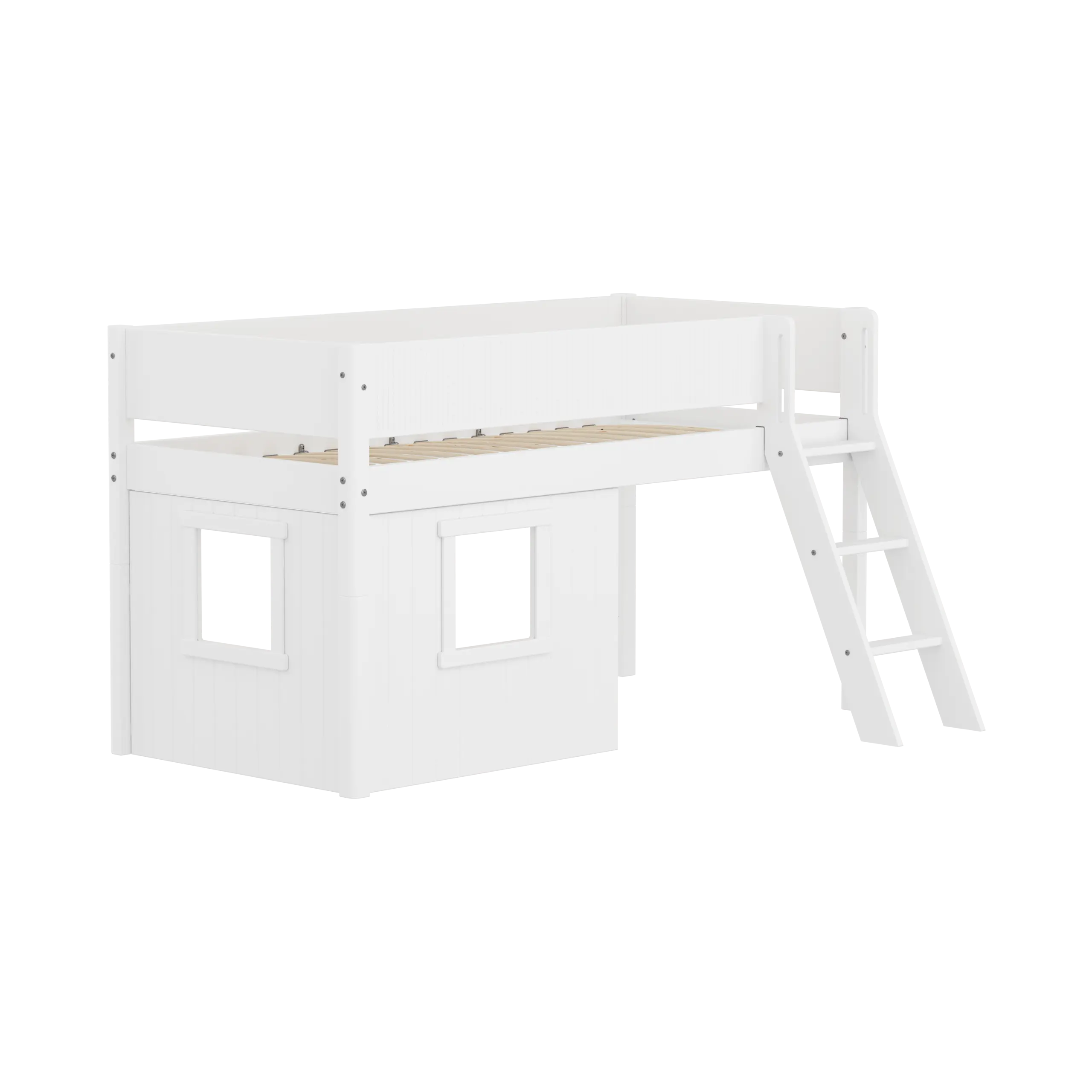 High Bed 120 cm with Treehouse, Ladder and Safety Rail, 90x200, White MID_HIGH-BED mid-sleeper-white-grooves-sl-ladder-tree-hut-wht-window  flexa-com.myshopify.com