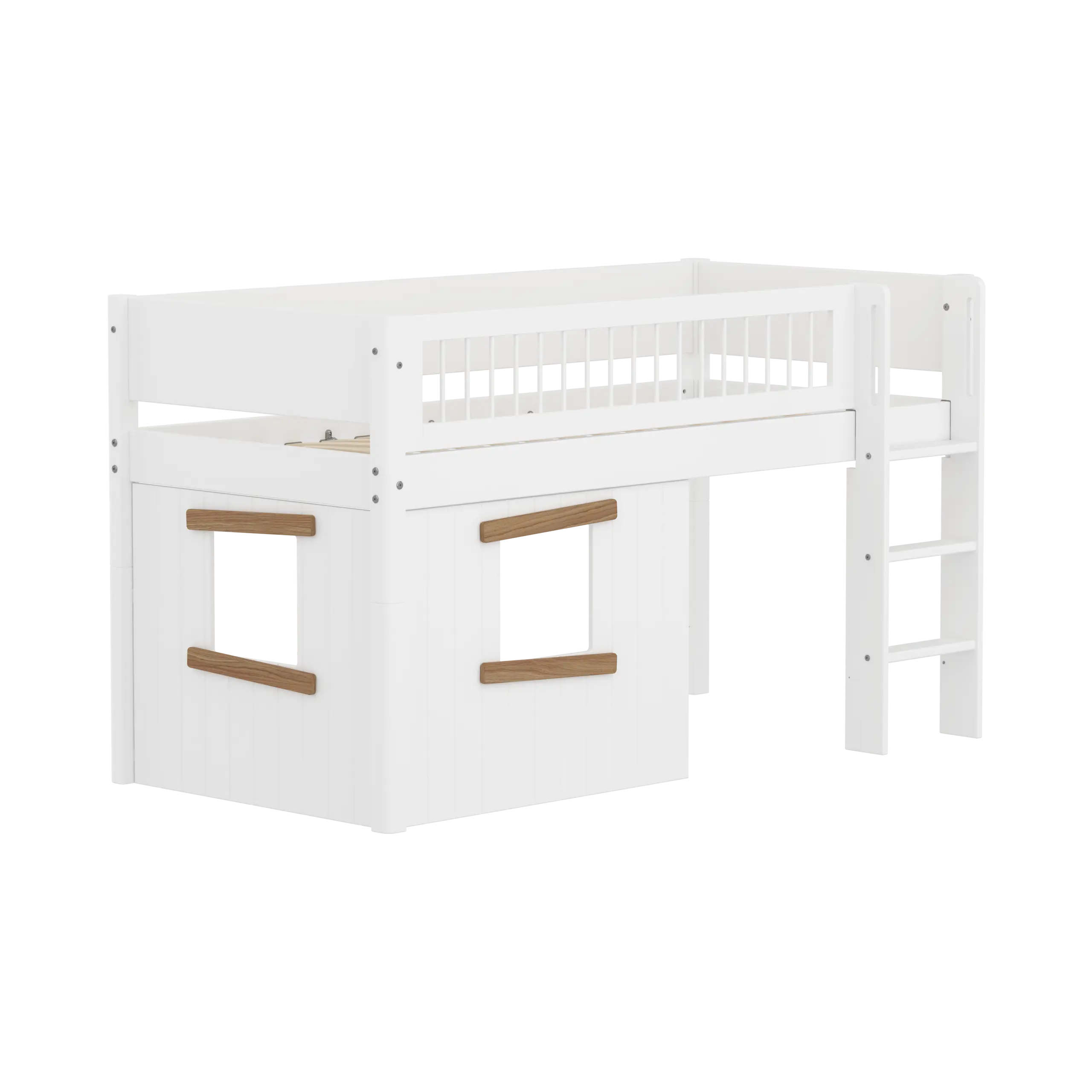 High Bed 120 cm with Treehouse, Ladder and Safety Rail, 90x200 cm, White MID_HIGH-BED mid-sleeper-white-crossbar-str-ladder-tree-hut-oak-window  flexa-com.myshopify.com