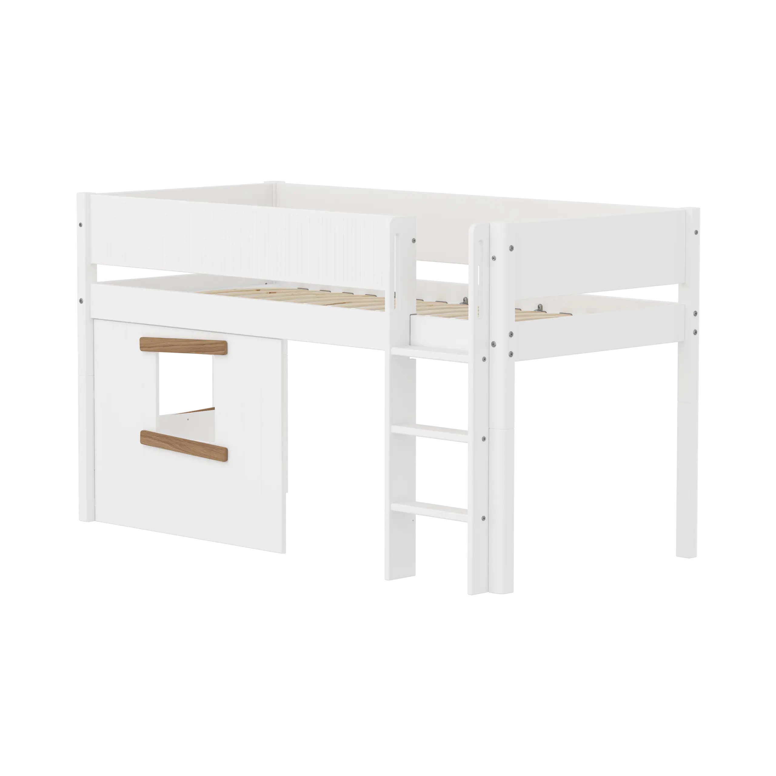 High Bed 120 cm with Treehouse, 90x200 cm, White/Oak MID_HIGH-BED mid-sleeper-white-grooves-str-ladder-tree-hut-oak-window  flexa-com.myshopify.com